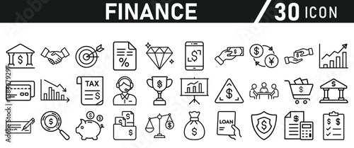 Finance icon set. Containing loan, cash, saving, financial goal, profit, budget, mutual fund, earning money and revenue icons for web