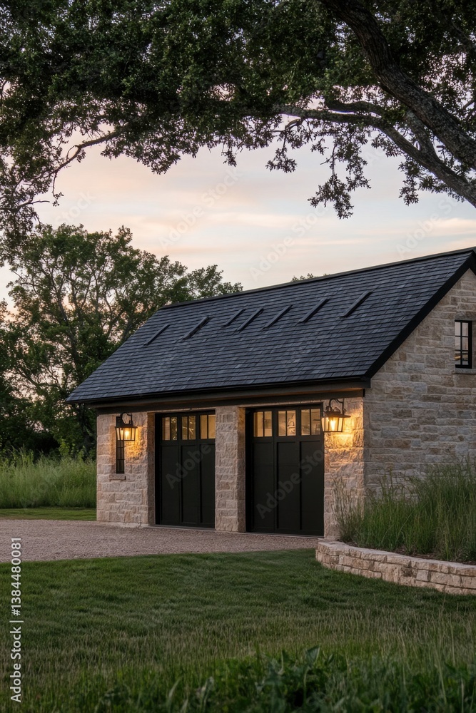Contemporary stone garage illuminated by soft evening light, nestled in a lush green landscape under a serene sky at dusk in a rural setting Contemporary stone garage illuminated by soft evening light, nestled in a lush green landscape under a serene sky at dusk in a rural setting