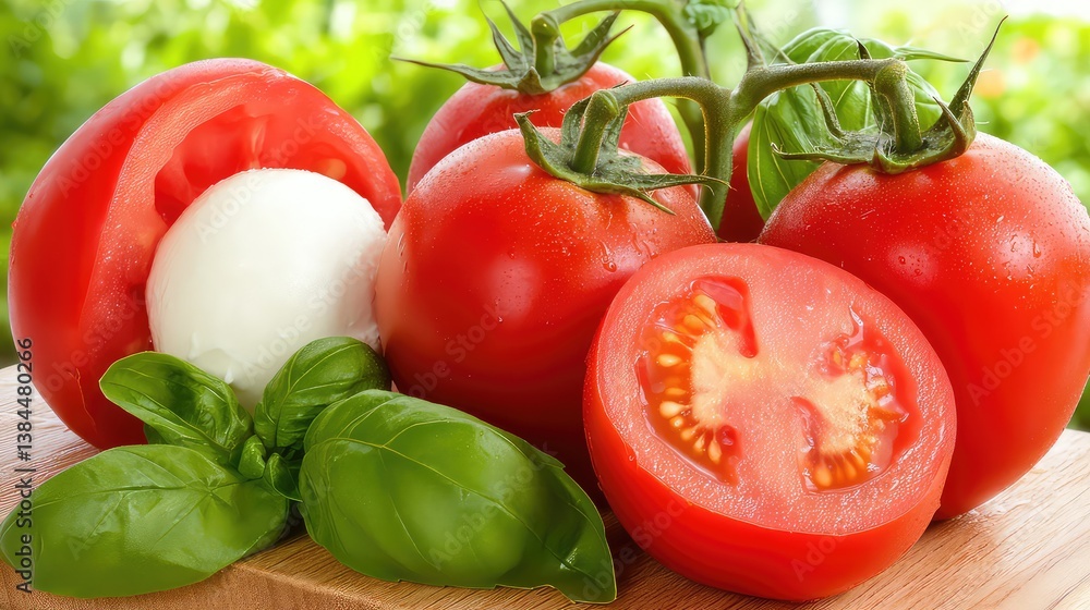 Fresh tomatoes basil and mozzarella on wood Fresh tomatoes basil and mozzarella on wood