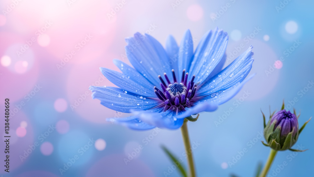 Obraz premium Beautiful blue flower with dewdrops on petals against a dreamy soft pastel background with bokeh lights