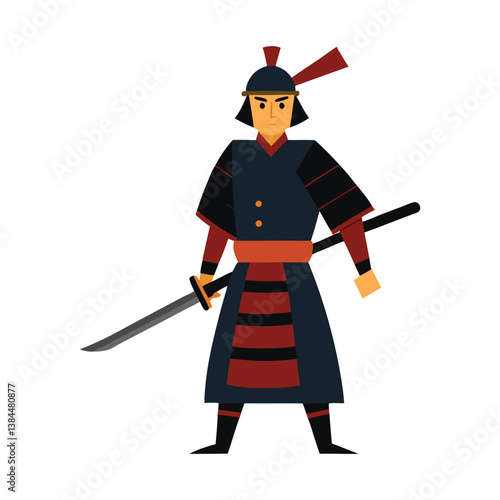 A samurai standing with a katana on white background