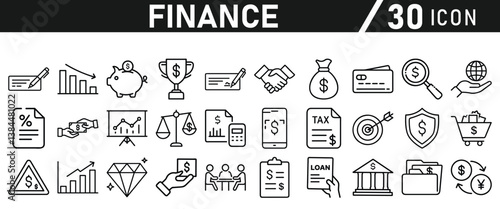 Finance icon set. Containing loan, cash, saving, financial goal, profit, budget, mutual fund, earning money and revenue icons for web
