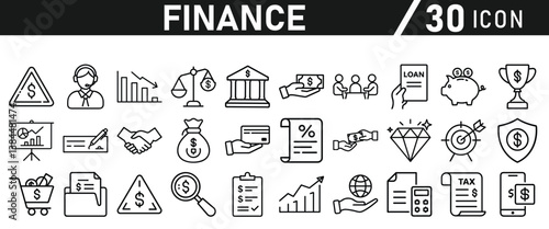 Finance icon set. Containing loan, cash, saving, financial goal, profit, budget, mutual fund, earning money and revenue icons for web