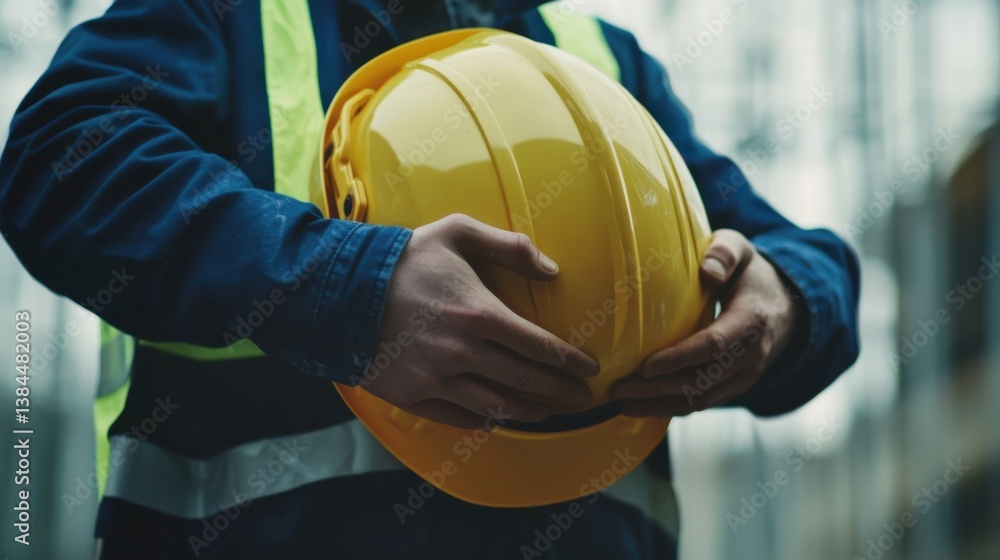 A construction worker adjusting a helmet at a job site. Featuring focus and care A construction worker adjusting a helmet at a job site. Featuring focus and care