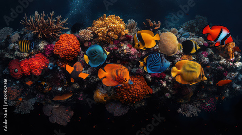 vibrant underwater scene showcases diverse array of colorful coral and tropical fish, including angelfish and clownfish, swimming gracefully in lively coral reef ecosystem