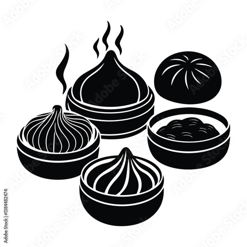 Assorted dumplings with dipping sauces and steam silhouette