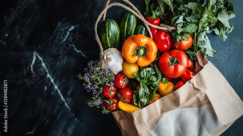 paper bag filled with fresh vegetables including bell peppers, tomatoes, cucumbers, and leafy greens sits on dark marble surface, showcasing vibrant and healthy selection