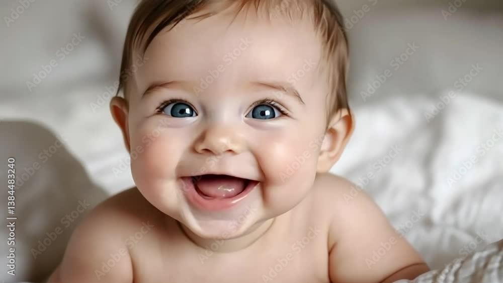 Cute baby lying on a soft white blanket, laughing joyfully and radiating pure happiness Cute baby lying on a soft white blanket, laughing joyfully and radiating pure happiness