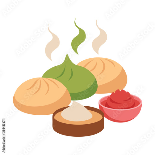 Assorted dumplings with dipping sauces and steam