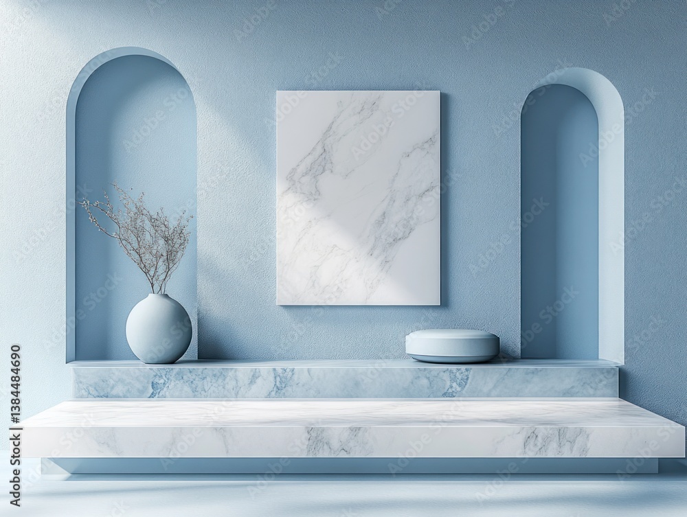 Modern Minimalist Product Display Scene 3D Render with Geometric Shapes in Soft Pastel Blue Tones for Luxury Presentation