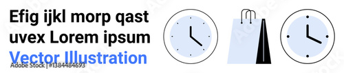 Circular analog clocks, shopping bag, and placeholder text ideal for retail, productivity, shopping themes, branding, organization, e-commerce, and a simple landing page