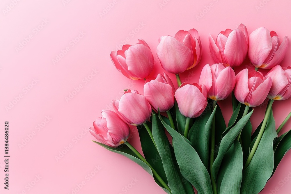 Fototapeta premium Pink Tulips Bouquet on Pastel Pink Background Simple Elegant Composition Soft Natural Light Flat Lay Spring Flowers