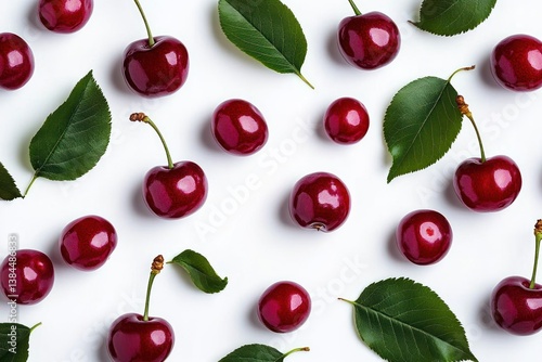 Fresh Red Cherries and Green Leaves Minimalist Flat Lay on White Background