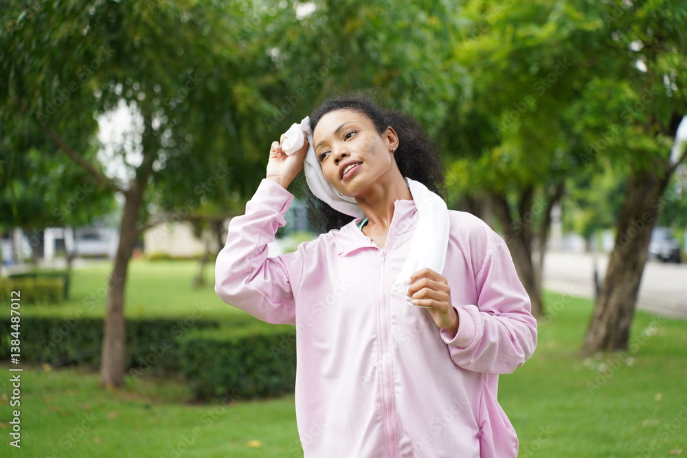 woman wiping sweat from face with towel after intense workout in relaxing green park woman wiping sweat from face with towel after intense workout in relaxing green park