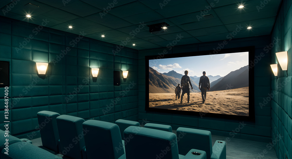 Fototapeta premium Luxurious Home Theater Featuring a Quilted Fabric Wall and Recessed Lighting