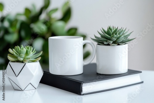 Wallpaper Mural Minimalist still life with two white ceramic mugs on stacked black and white books and modern succulent plant on white desk Torontodigital.ca