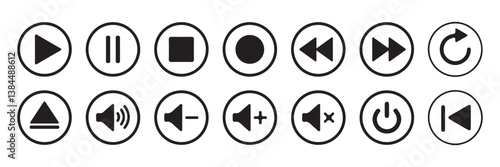 Big Media player control icon set, interface multimedia symbols. Pause, rewind, fast forward Play video icon collection. Mobile apps Vector Illustration Eps 10