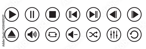 Big Media player control icon set, interface multimedia symbols. Pause, rewind, fast forward Play video icon collection. Mobile apps Vector Illustration Eps 10