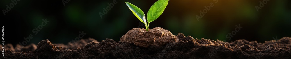 Fototapeta premium Eco-Conscious Growth Narrative Sustainable Seedling Emerging from Rich Organic Soil - Wellness Branding for Environmental Innovation and Regenerative Design