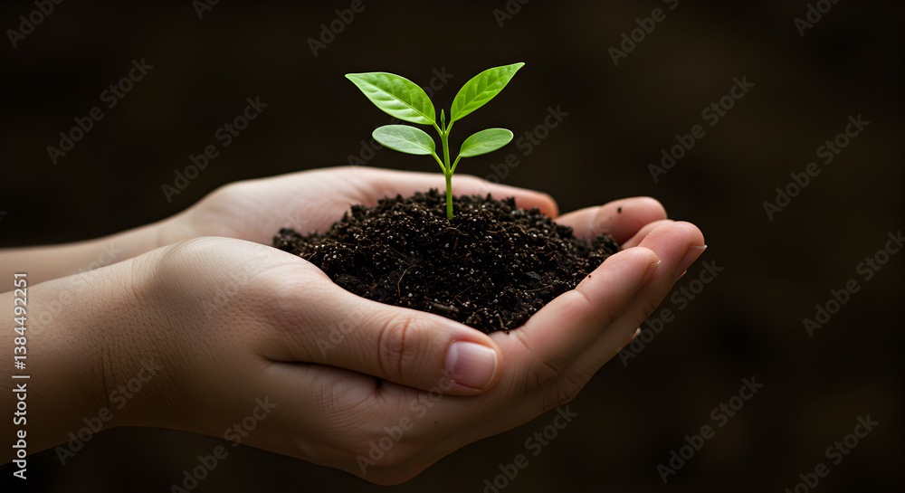 Tender Hands Holding a Green Seedling with Soil Against Dark Earth Conservation and Care Tender Hands Holding a Green Seedling with Soil Against Dark Earth Conservation and Care