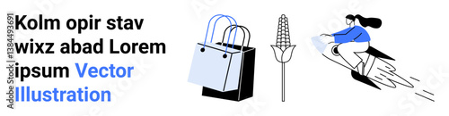 Woman riding futuristic scooter, eco-friendly shopping bags, and wheat stalk emphasizing sustainability, innovation, lifestyle, agriculture, commerce, mobility, and flat landing page banner