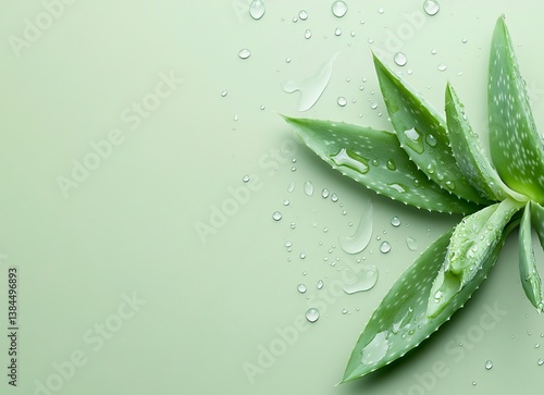 Aloe vera, the gel and fresh leaves on a light green background with water drops. A natural skin care product concept. Flat lay style. Stock photo contest winner, top view, copy space, high-resolution