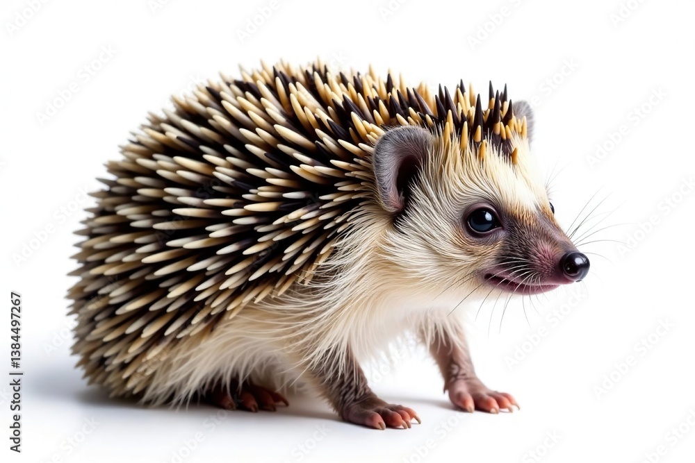 A solitary hedgehog on bright white backdrop, showing fine details, thorn, illustration A solitary hedgehog on bright white backdrop, showing fine details, thorn, illustration