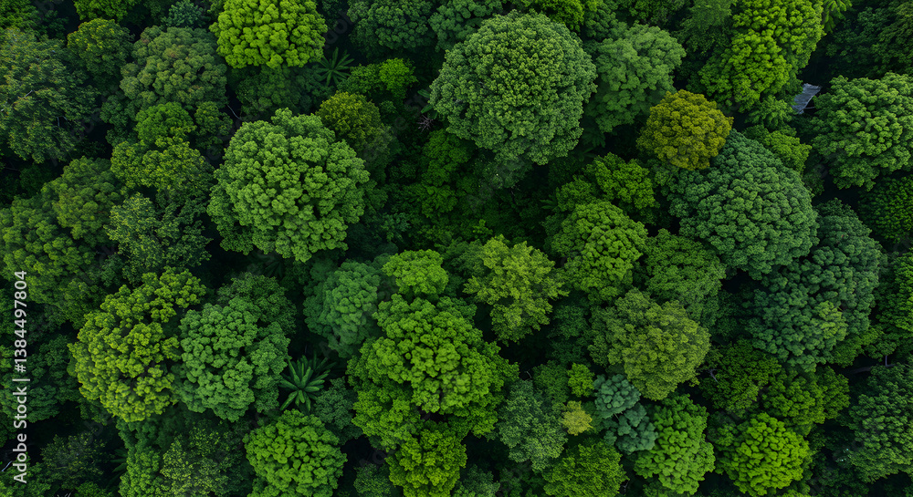 Overhead View of Dense Forest with Lush Green Trees and Sunlight on Summer Day Overhead View of Dense Forest with Lush Green Trees and Sunlight on Summer Day