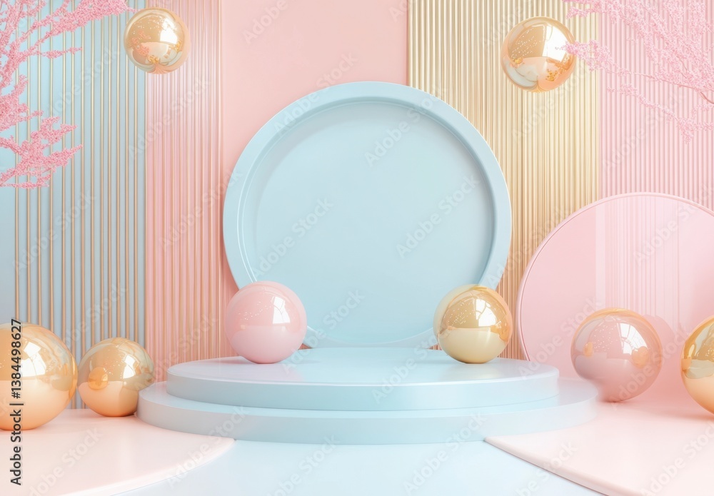 Modern pastel studio backdrop with geometric shapes and spheres Modern pastel studio backdrop with geometric shapes and spheres