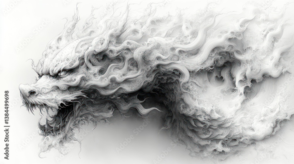 Monochrome Dragon Sculpture, Powerful Roar, Abstract Design, Studio Setting Monochrome Dragon Sculpture, Powerful Roar, Abstract Design, Studio Setting