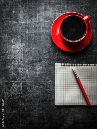 Red cup of coffee, notepad, and pen on dark textured table