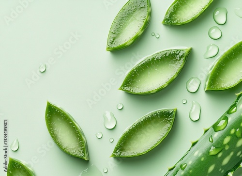 Wallpaper Mural Aloe vera, the gel and fresh leaves on a light green background with water drops. A natural skin care product concept. Flat lay style. Stock photo contest winner, top view, copy space, high-resolution Torontodigital.ca