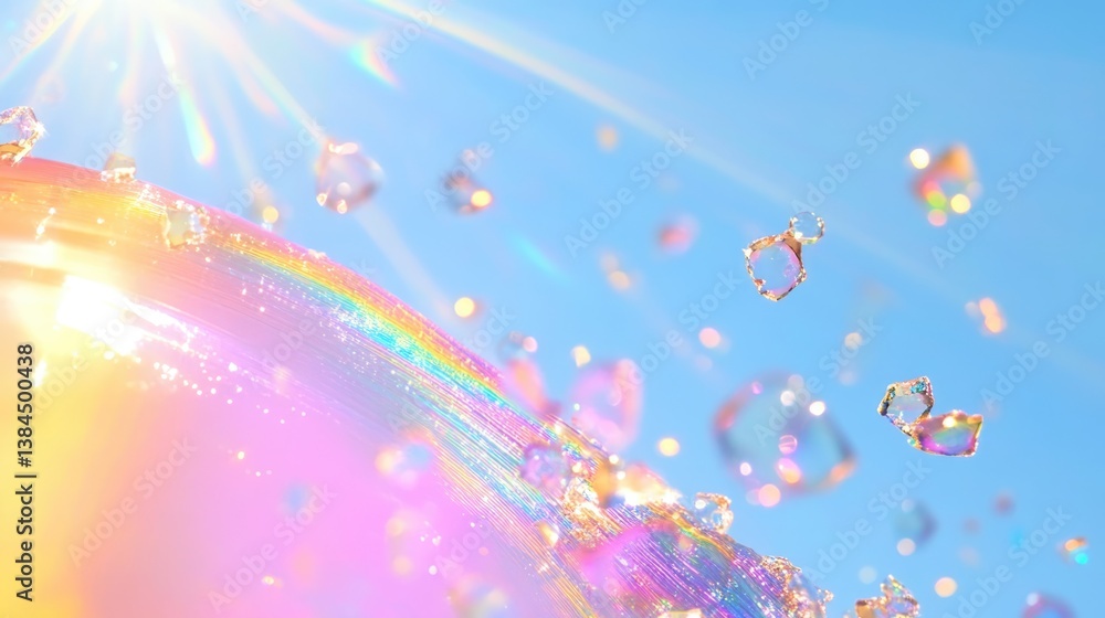 Fototapeta premium Colorful bubbles and rainbow reflections in sunlight dreamy outdoor environment abstract photography