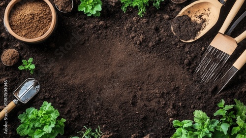 Rich soil, gardening tools, and plants, ready for planting