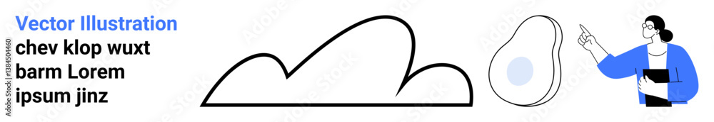 Person gestures towards abstract cloud line and avocado shape. Ideal for creativity, education, science, environment, collaboration, minimalism, simple landing page Person gestures towards abstract cloud line and avocado shape. Ideal for creativity, education, science, environment, collaboration, minimalism, simple landing page