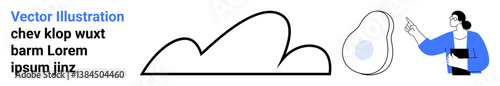 Person gestures towards abstract cloud line and avocado shape. Ideal for creativity, education, science, environment, collaboration, minimalism, simple landing page