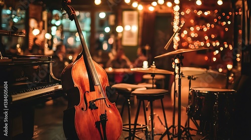 Double Bass in Dimly Lit Jazz Club at Night