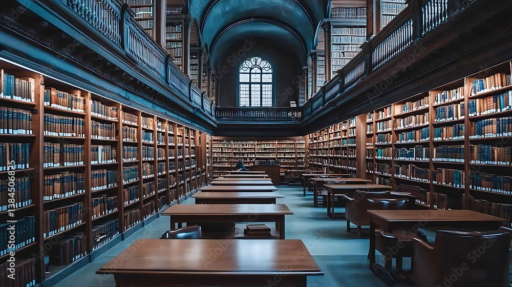 Fototapeta premium Grand Library Interior Dark Wood Bookshelves, Warm Lighting, and Wooden Tables