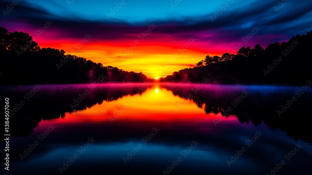 Obraz premium Vibrant Sunrise Reflecting on Serene Lake.