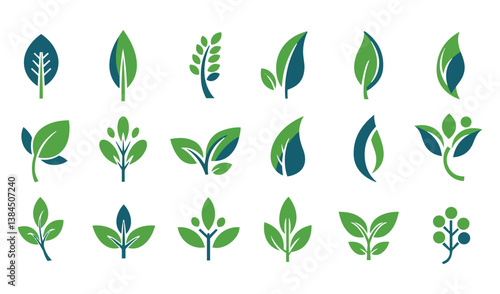 Natural green leaf icons for organic label design eco packaging and botanical brand visual identity


