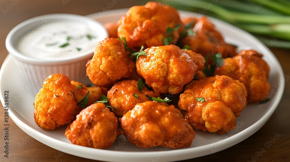 97. A plate of tangy buffalo cauliflower bites served with ranch dipping sauce 97. A plate of tangy buffalo cauliflower bites served with ranch dipping sauce