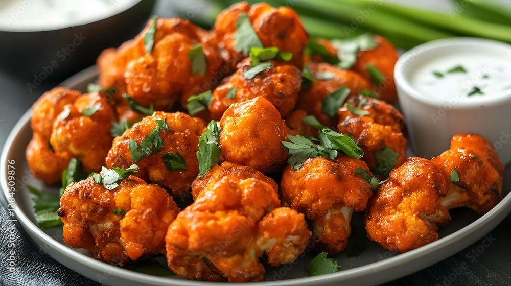 97. A plate of tangy buffalo cauliflower bites served with ranch dipping sauce 97. A plate of tangy buffalo cauliflower bites served with ranch dipping sauce