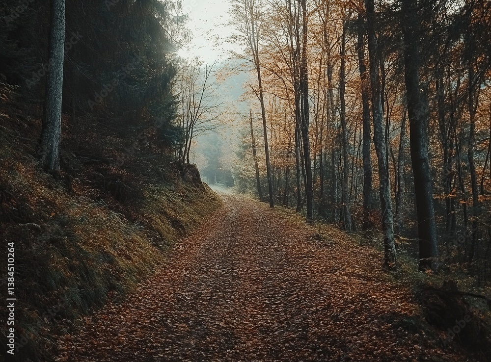 Fototapeta premium Beautiful forest landscape in autumn with leaves on the ground and trees, with a dirt path leading through the forest. Stock photo contest winner, high resolution, in raw style. 