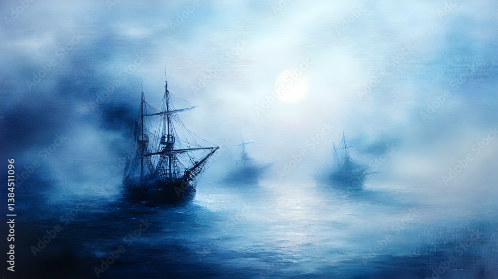 Three Sailing Ships in a Misty Blue Ocean at Night Three Sailing Ships in a Misty Blue Ocean at Night