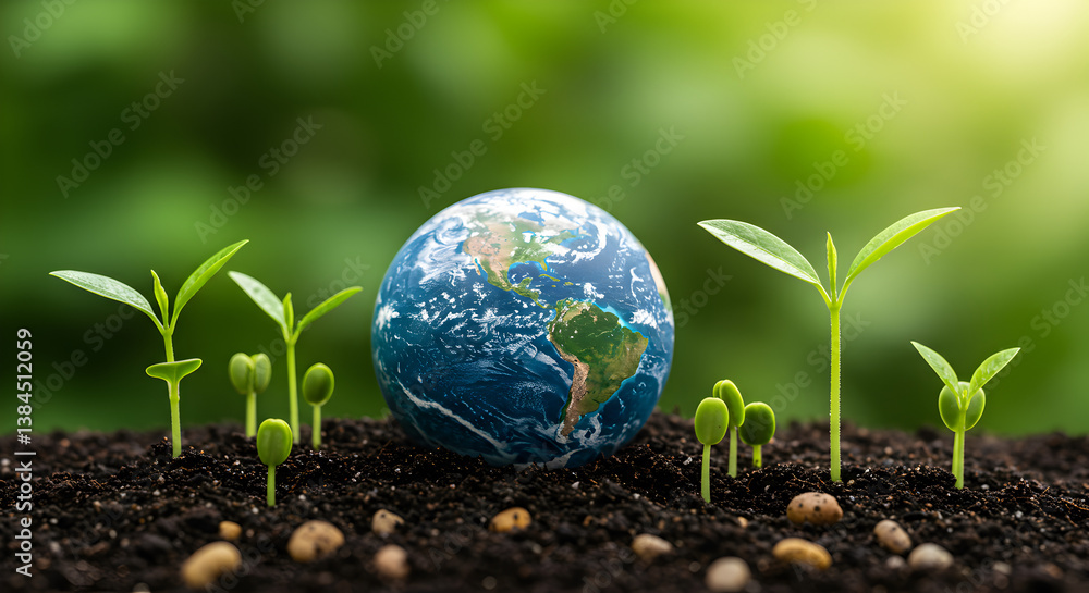 Earth Globe Surrounded By Seedlings Growing From Soil With a Blurred Green Background in Bright Light Earth Globe Surrounded By Seedlings Growing From Soil With a Blurred Green Background in Bright Light
