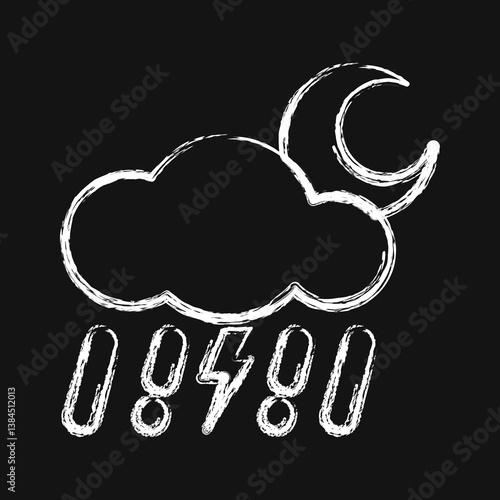 Icon thunder storm night. Weather elements symbol. Icons in chalk style. Good for prints, web, smartphone app, posters, infographics, logo, sign, etc.