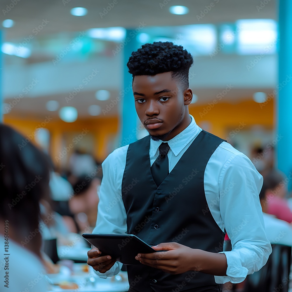 Young waiter with tablet in busy restaurant.