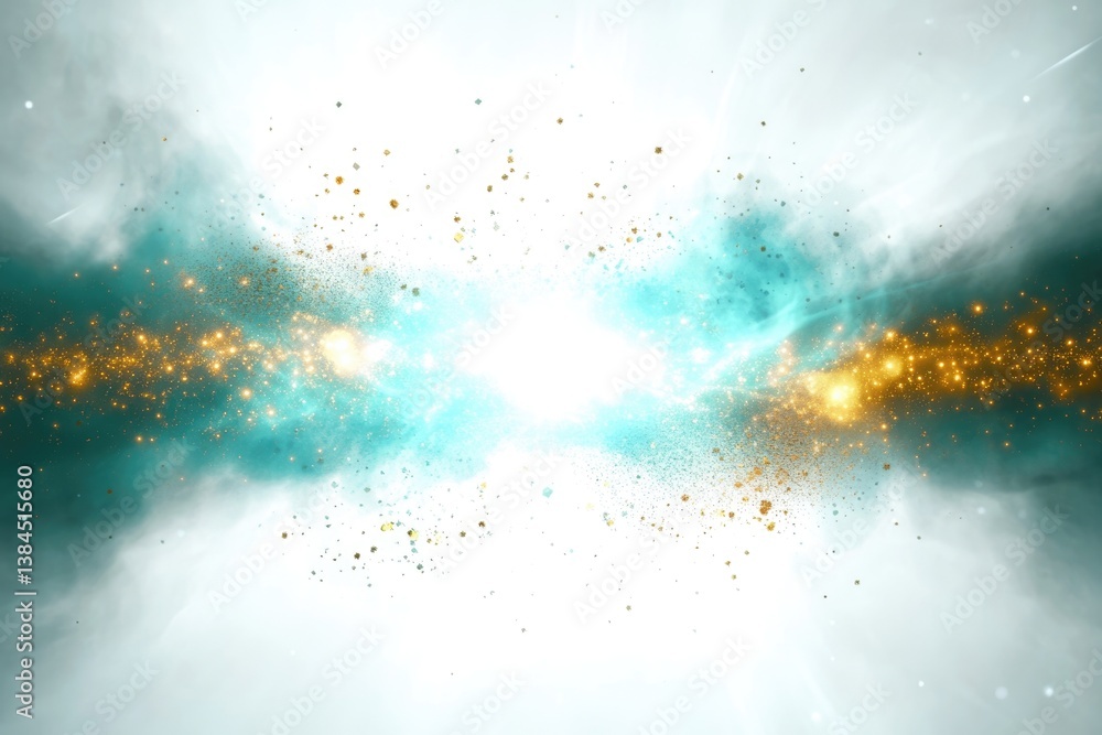 Obraz premium Abstract teal and gold cosmic explosion, glittering particles burst with bright light.