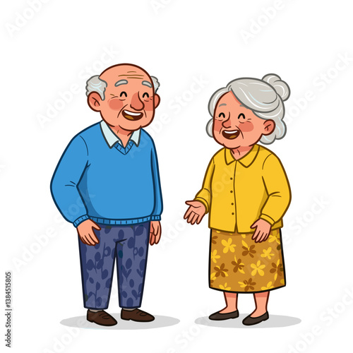 Elderly couple smiling and chatting against a white background  