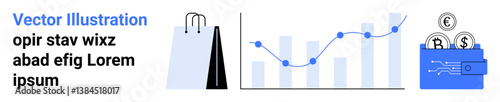 Shopping bag, bar and line chart, and digital wallet with currency icons reflect e-commerce, financial growth, and digital transactions. Ideal for retail, business analytics, financial management